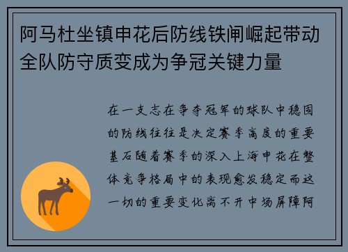 阿马杜坐镇申花后防线铁闸崛起带动全队防守质变成为争冠关键力量